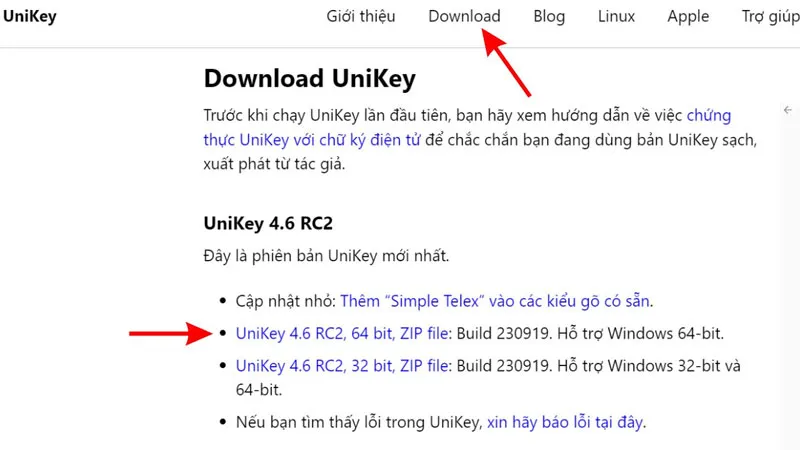Màn hình tải xuống Unikey, minh họa việc chọn phiên bản tương thích với hệ điều hành 64-bit hoặc 32-bit