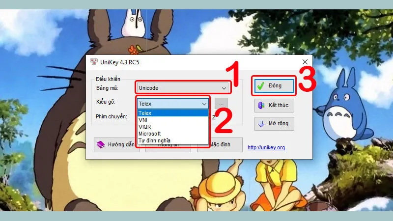 Giao diện Bảng điều khiển của Unikey, nơi người dùng thiết lập Bảng mã là Unicode và chọn Kiểu gõ Telex hoặc VNI
