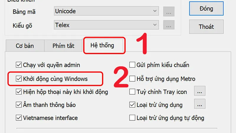 Mục tùy chọn Hệ thống trong Unikey, hiển thị tùy chọn "Khởi động cùng Windows" đã được chọn
