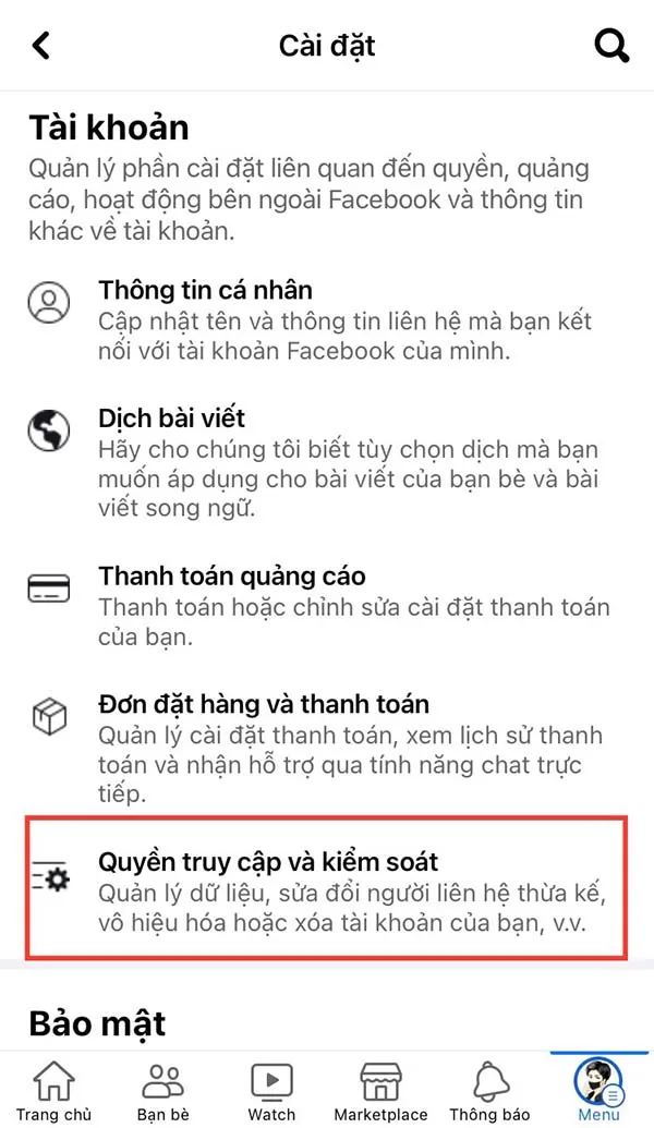 Truy cập Cài đặt và Quyền riêng tư để chuẩn bị khóa Messenger