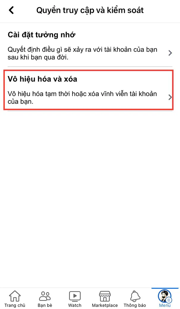 Lựa chọn Quyền truy cập và Kiểm soát tài khoản để tiến hành vô hiệu hóa