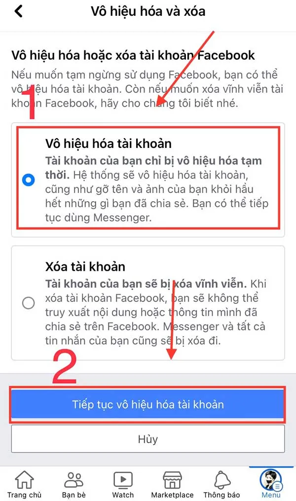 Xác nhận Vô hiệu hóa tài khoản Facebook tạm thời là bước đầu tiên để vô hiệu hóa Messenger trên máy tính