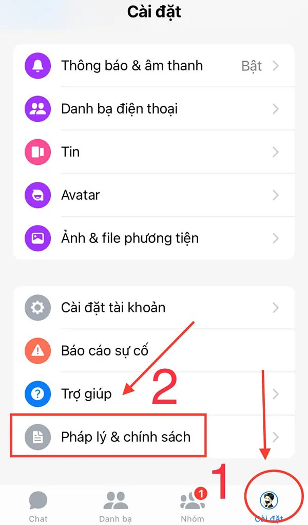 Giao diện Vô hiệu hóa Messenger nằm trong phần Pháp lý và chính sách trên ứng dụng di động