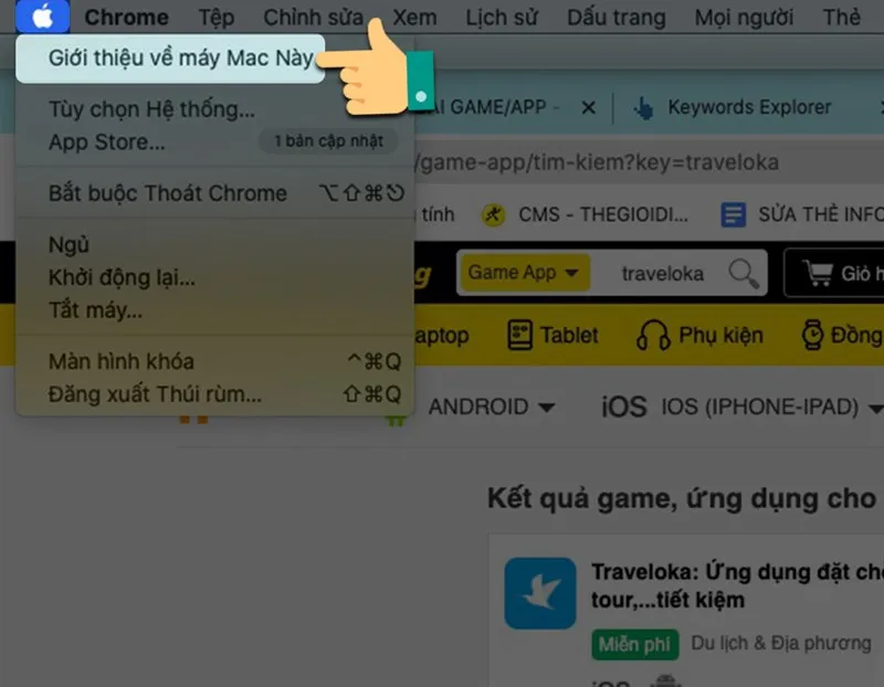 Thao tác chọn Giới thiệu về máy Mac này (About This Mac) để bắt đầu kiểm tra dung lượng ổ đĩa
