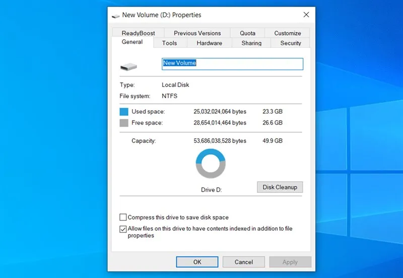 Giao diện Properties của ổ đĩa, kiểm tra dung lượng đã sử dụng và còn trống trên máy tính