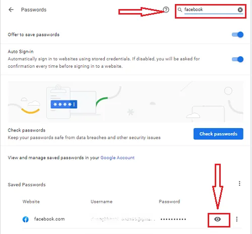 Hiển thị danh sách mật khẩu đã lưu và cách hiện mật khẩu Facebook bằng cách nhấn vào biểu tượng con mắt