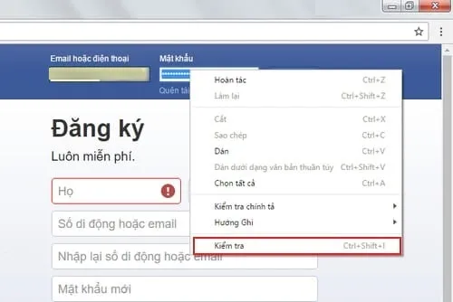 Sử dụng Inspect element để xem mật khẩu Facebook bằng cách chỉnh sửa code HTML trên khung đăng nhập