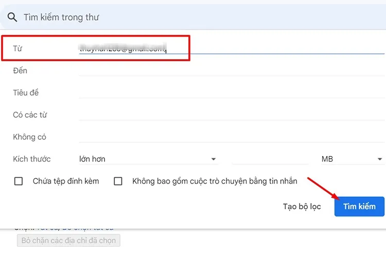 Tạo bộ lọc mới, nhập địa chỉ email người gửi cụ thể vào ô "Từ" (From) để tìm kiếm và xóa thư.