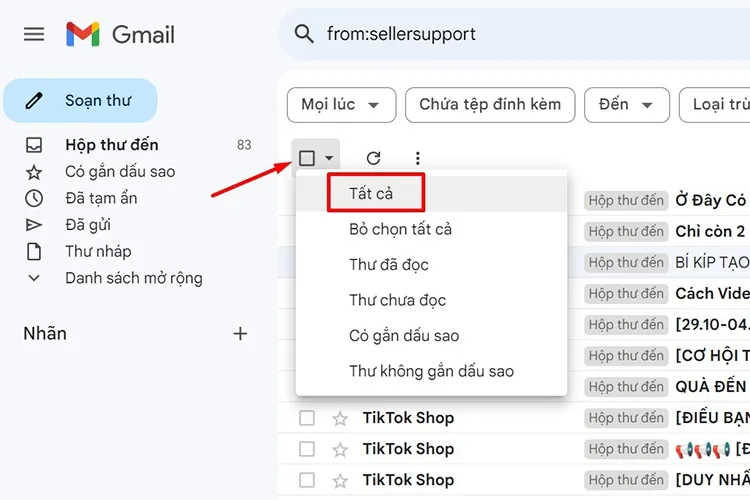 Chọn tất cả các thư đã được lọc theo địa chỉ người gửi trước khi thực hiện cách xóa email trên máy tính.