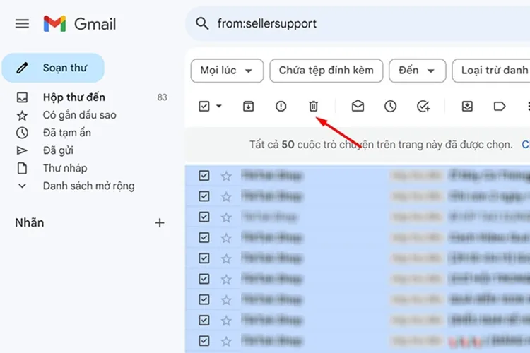 Nhấn biểu tượng thùng rác để xóa vĩnh viễn các email được lọc theo người gửi trên giao diện PC.
