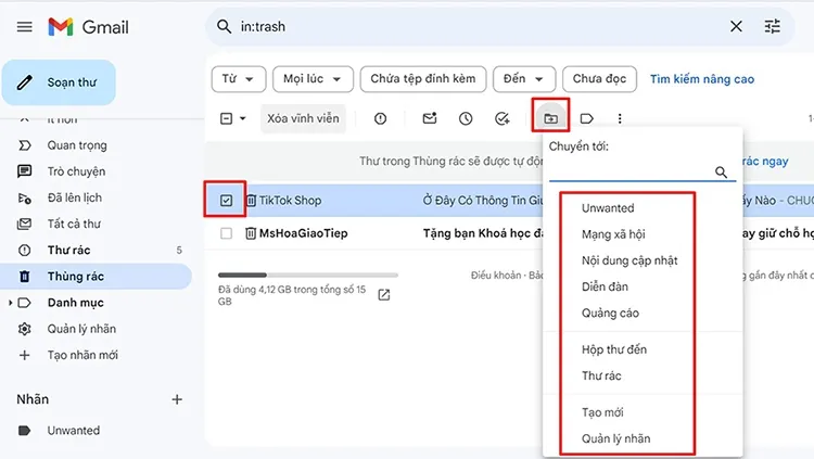 Thao tác chọn email và sử dụng chức năng "Chuyển tới" (Move to) để khôi phục email từ thùng rác về hộp thư đến.