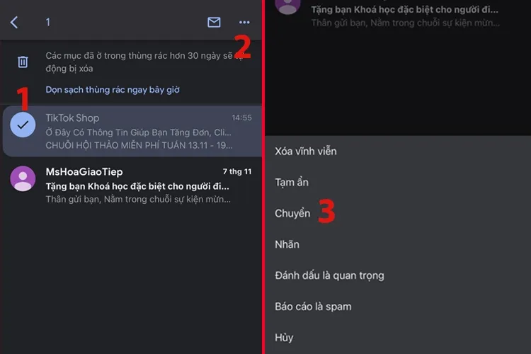 Chọn thư cần khôi phục và mở menu tùy chọn (ba chấm) để di chuyển email trên điện thoại.