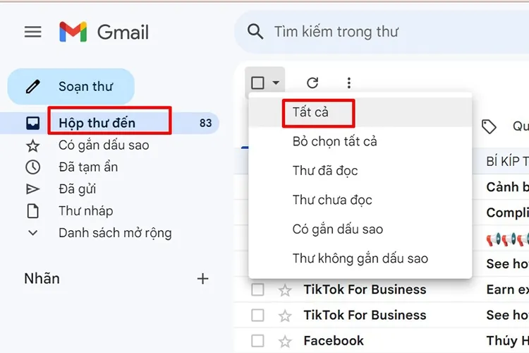 Sử dụng tùy chọn "Tất cả" (Select All) để chọn toàn bộ email đang hiển thị trên màn hình máy tính.