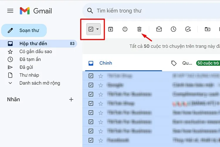 Biểu tượng thùng rác (Delete icon) dùng để loại bỏ tất cả email đã chọn trên máy tính.