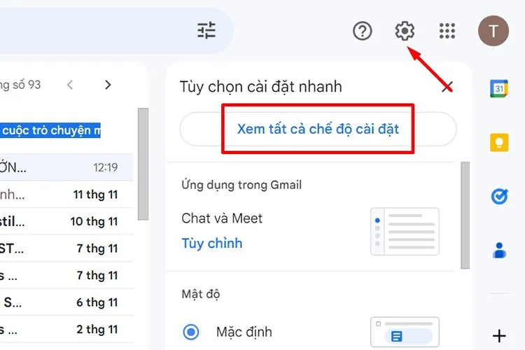 Truy cập Cài đặt (Settings) thông qua biểu tượng bánh răng cưa trong giao diện Gmail máy tính.