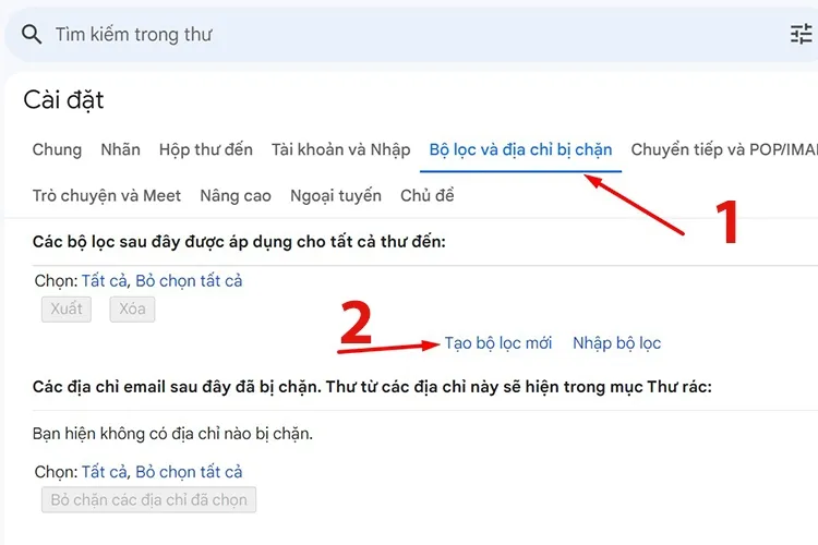 Tab "Bộ lọc và địa chỉ bị chặn" (Filters and Blocked Addresses) để thiết lập bộ lọc xóa email.