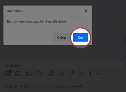 Hộp thoại xác nhận cuối cùng cho thao tác xóa toàn bộ cuộc trò chuyện Zalo