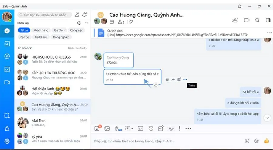 Thao tác di chuột vào tin nhắn để mở menu tùy chọn xóa trên Zalo PC