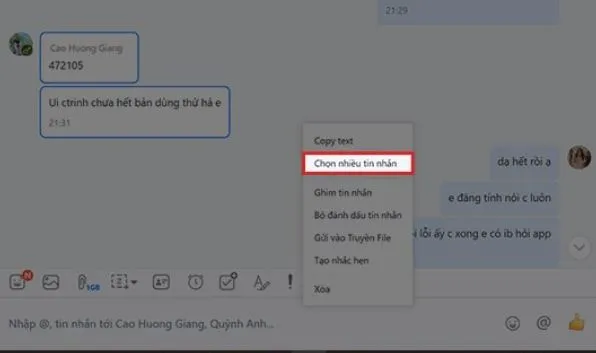 Lựa chọn tính năng Chọn nhiều tin nhắn để tiến hành xóa hàng loạt trên Zalo PC