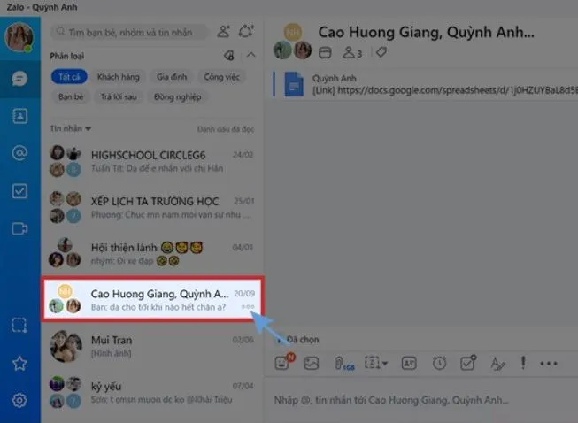 Nhấn nút tùy chọn ba chấm để hiển thị menu quản lý cuộc hội thoại Zalo PC
