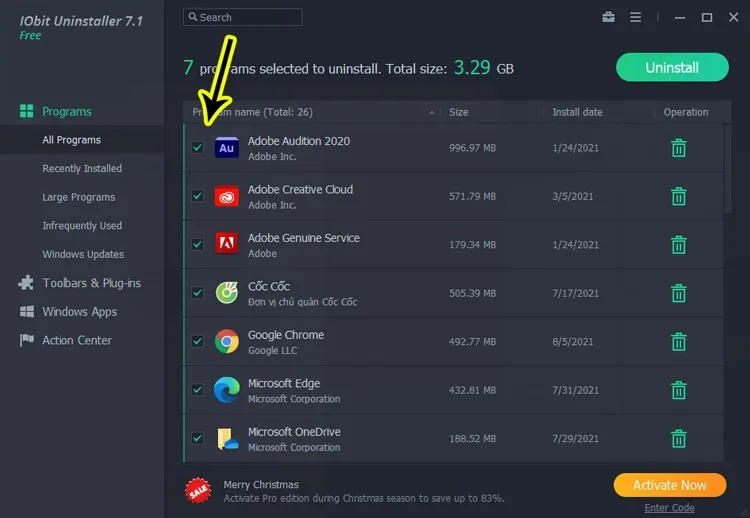 giao diện IObit Uninstaller cho phép gỡ hàng loạt phần mềm trên máy tính win 10