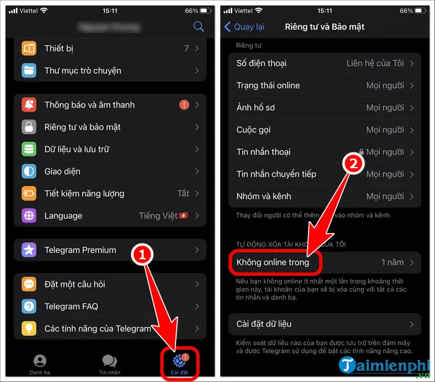 Giao diện cài đặt thời gian tự hủy tài khoản Telegram (Self-Destruct Mechanism)