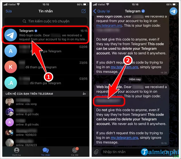 Copy mã xác thực được gửi đến ứng dụng Telegram trên thiết bị đã đăng nhập