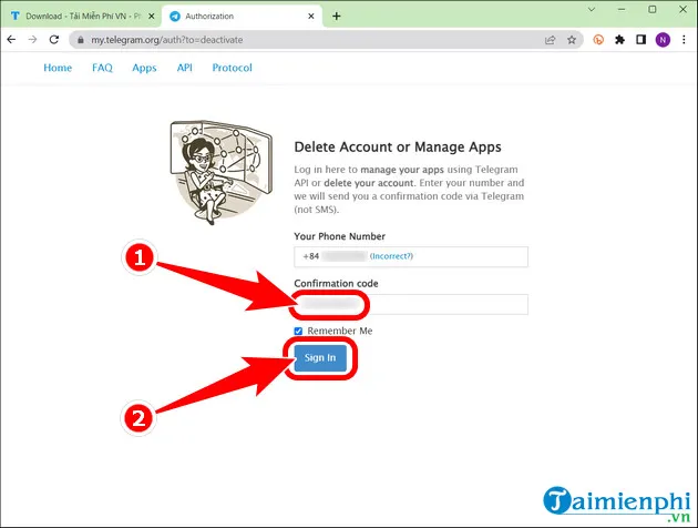 Nhập mã xác thực đã nhận để truy cập vào trang quản lý và xóa tài khoản Telegram