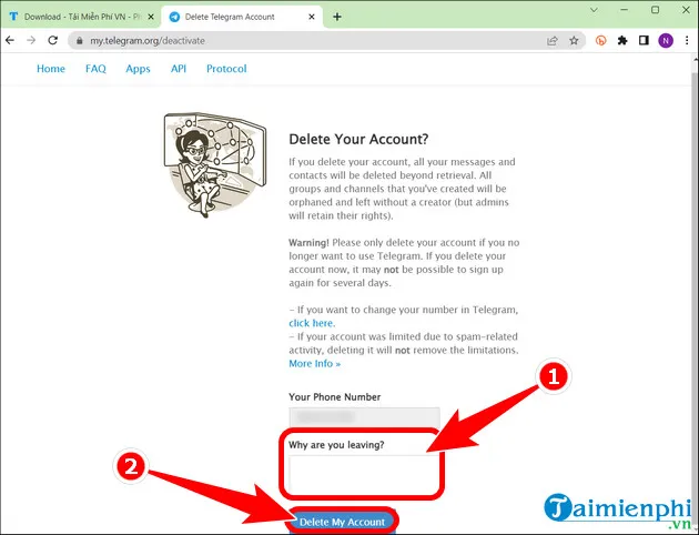 Màn hình hỏi lý do người dùng muốn hủy hoặc xóa tài khoản Telegram vĩnh viễn