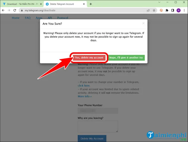 Xác nhận quyết định Yes, delete my account để áp dụng cách xóa tài khoản telegram trên máy tính