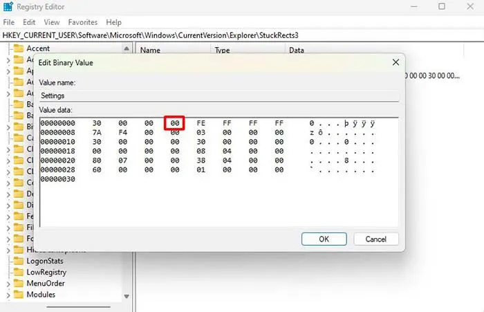 Minh họa cách chỉnh sửa byte thứ 5 trong giá trị Settings của Taskbar trong Registry Editor Windows 11