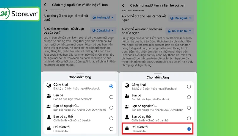 Thiết lập chế độ Chỉ mình tôi để hoàn thành cách ẩn bạn bè trên facebook bằng điện thoại
