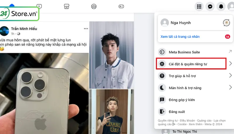 Truy cập Cài đặt và Quyền riêng tư từ trang cá nhân Facebook trên giao diện máy tính
