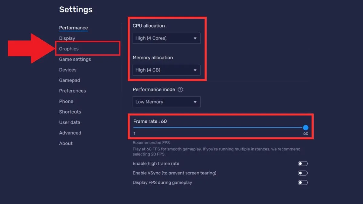 Trong mục cấu hình, bạn phân bổ đủ RAM và CPU cho giả lập, đồng thời kiểm tra FPS.
