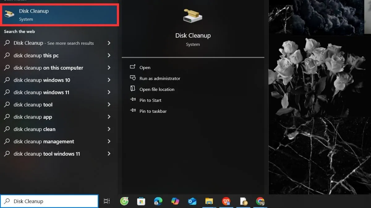 Mở Disk Cleanup bằng cách tìm kiếm trong thanh tìm kiếm Windows.