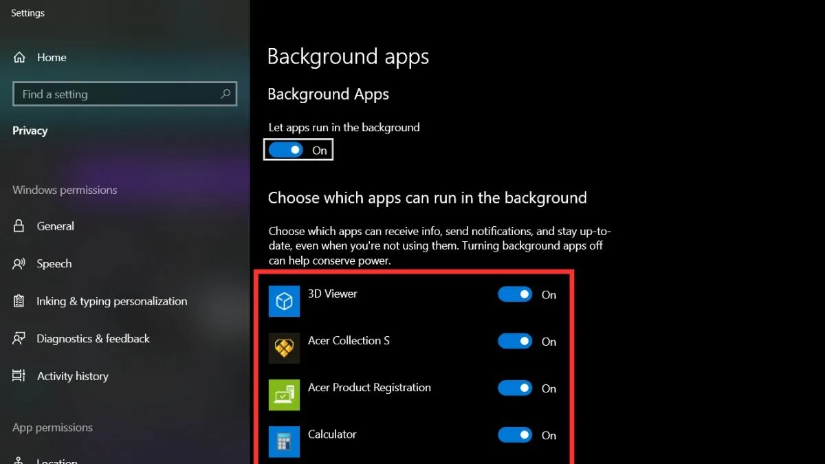 Chuyển sang chế độ Off đối với những ứng dụng bạn muốn tắt chế độ chạy ngầm.