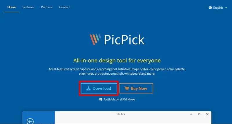 Màn hình giao diện chính của PicPick với tùy chọn Scrolling Window nổi bật, dùng cho việc chụp màn hình máy tính kéo dài