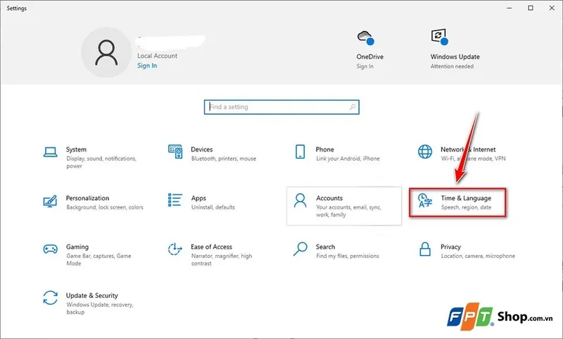 Giao diện Settings Windows 10, chọn Time &amp; Language để thay đổi cài đặt ngôn ngữ hiển thị