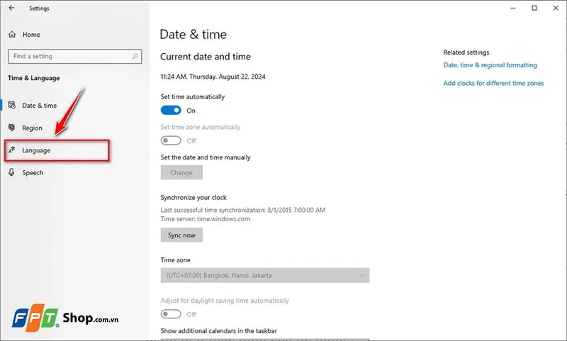 Giao diện quản lý ngôn ngữ (Language) trong Settings, hiển thị các ngôn ngữ đã được cài đặt