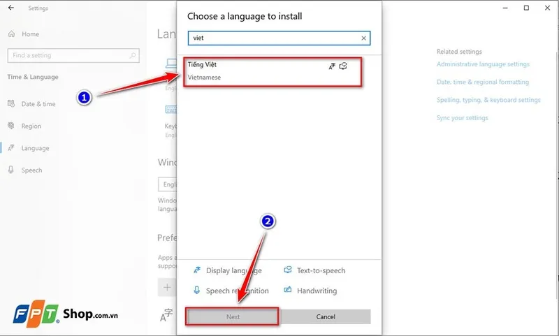 Cửa sổ lựa chọn ngôn ngữ, người dùng chọn ngôn ngữ tiếng Anh hoặc tiếng Việt để cài đặt