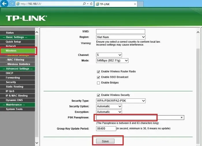 Điều hướng đến mục Network và Wireless Security để thay đổi thông số mạng không dây