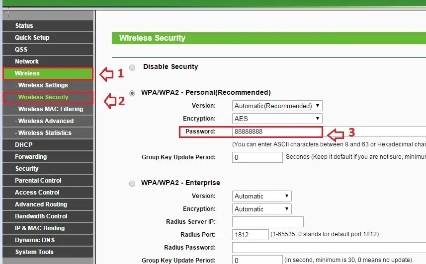 Nhập mật khẩu WPA2-Personal mới vào ô Password và lưu cấu hình