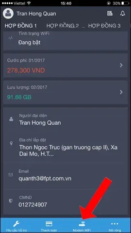 Giao diện quản lý Modem WiFi trên ứng dụng Hi FPT để tiến hành đổi mật khẩu