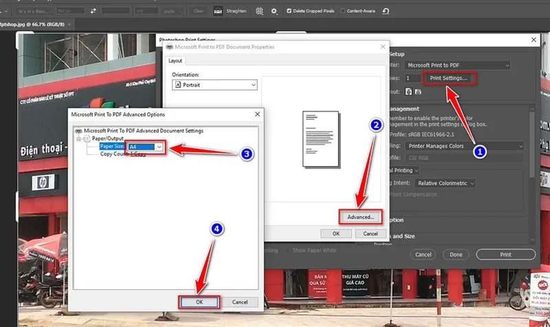 Tùy chỉnh các thông số in ấn như khổ giấy A4 và chất lượng khi in ảnh từ máy tính ra máy in