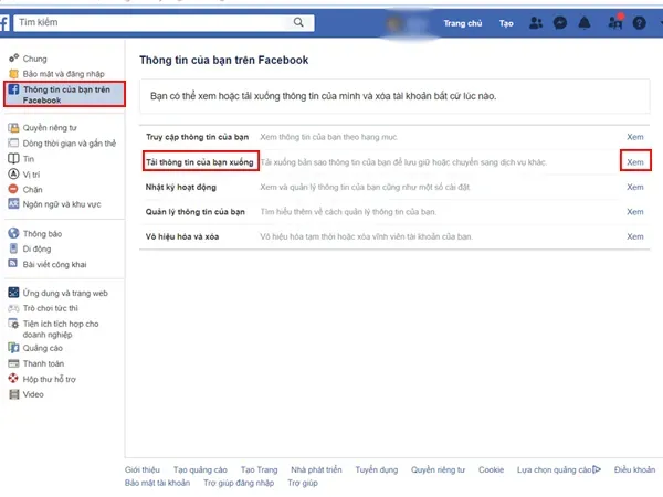 Truy cập Thông tin của bạn trên Facebook và chọn Tải thông tin của bạn xuống.