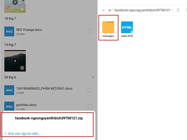 Thư mục Messages sau khi giải nén file Facebook để xem lại tin nhắn.