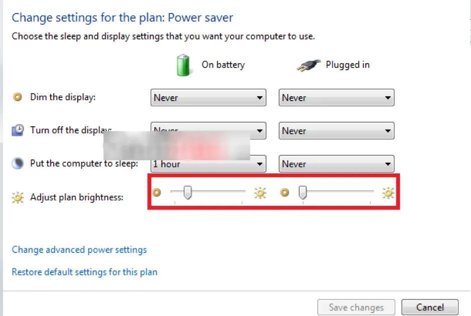 Thanh trượt điều chỉnh độ sáng khi dùng pin hoặc cắm sạc trong cài đặt kế hoạch nguồn