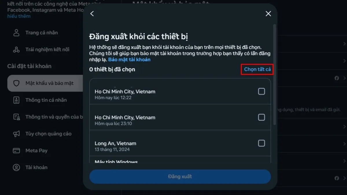 Chọn thiết bị để đăng xuất > Chọn tất cả