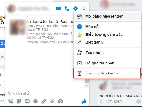 Minh họa việc xóa cuộc hội thoại Messenger khỏi cửa sổ chat, dẫn đến xóa vĩnh viễn tin nhắn.