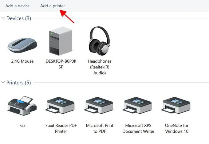 Chọn Add a printer để thêm máy in chia sẻ